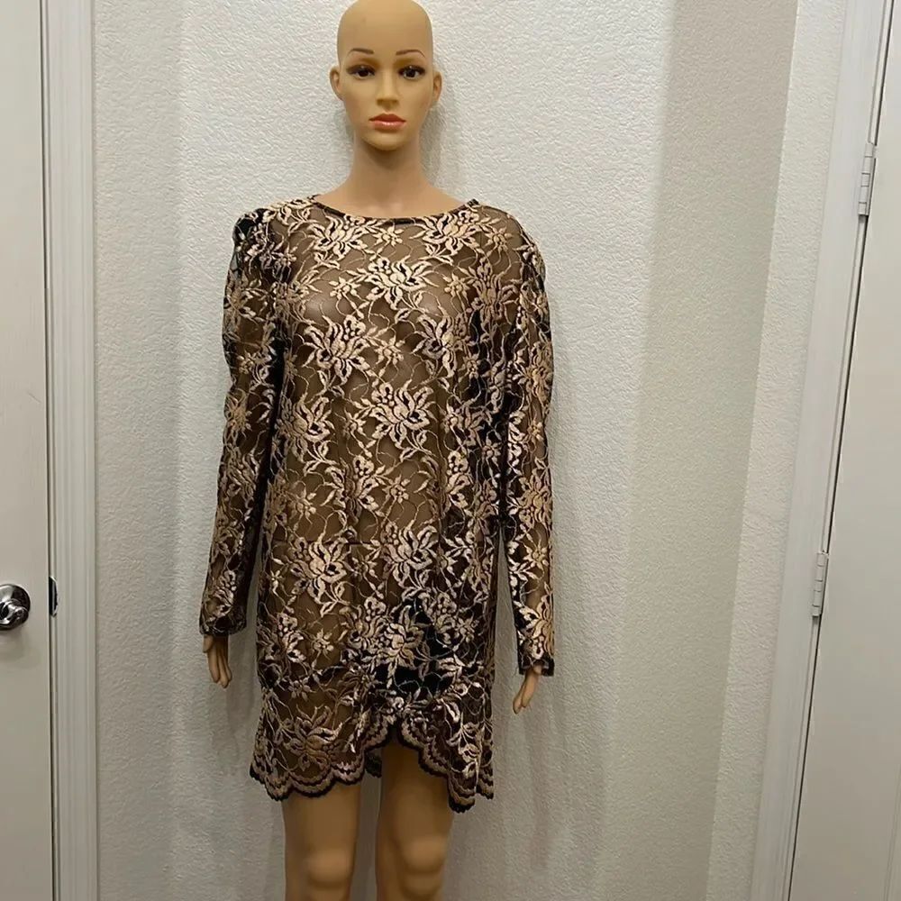 David Rose Sz 16 1/2 Top Tunic Scoop Neck Long Sleeve Floral Sheer Embroidered